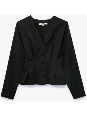 Koton Slim Fit Düğmeli Uzun Kollu V Yaka Poplin Gömlek
