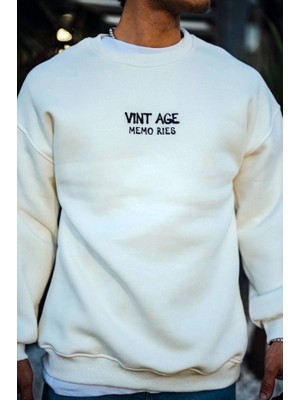 Pomeya  Oversize Bisiklet Yaka Üç Iplik Baskılı Sweatshirt - Beyaz