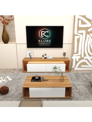 Klubeconcept Modern Ceviz Tv Ünitesi Orta Sehpa Seti 160 cm Kahverengi Woodline Ceviz Led’li Tv Ünitesi ve Orta Sehpa Kombin Set Modern 160 cm