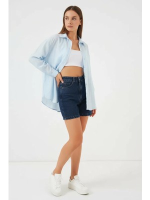 Morado Se siente Perfecto Kadın Basic Oversize Çizgili Pamuklu Mavi Gömlek