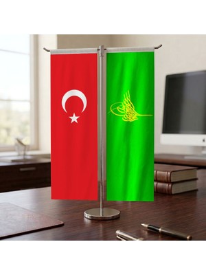 Punto Dizayn Yeşil Osmanlı Tuğrası ve Türk Bayrağı Kırlangıç T tipi Masa Bayrak Takımı