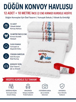 12 Adet Düğün Konvoy Havlusu + 10 Metre Kırmızı Kurdele Hediyeli | Gelin Arabası Süsü, Düğün Konvoyu Araç Süsleme Seti