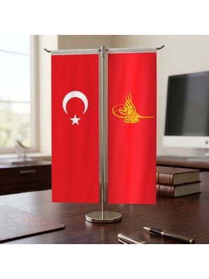 Punto Dizayn Osmanlı Tuğrası ve Türk Bayrağı Kırlangıç T tipi Masa Bayrak Takımı