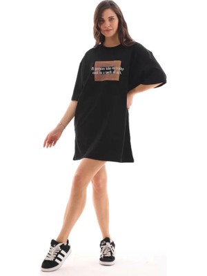 Pomeya  Unisex Bisiklet Yaka Baskılı Oversize T-Shirt - Siyah