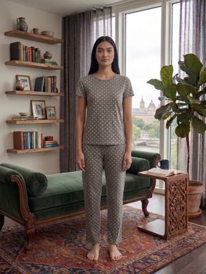 Sleeproom Bisiklet Yaka Kalp Desen Kısa Kol Pijama Takımı