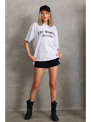 Pomeya  Unisex Baskılı Oversize T-Shirt - Beyaz