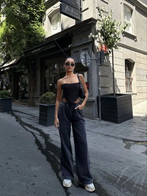 Pomeya   Arkadan Yırtmaçlı Jeans Kot Palazzo Pantolon - Siyah