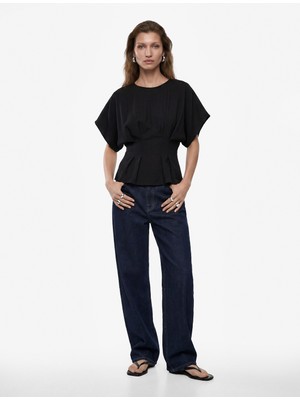 Koton Viskon Kumaş Slim Fit Bisiklet Yaka Kısa Kollu Belden Oturtmalı Pileli Bluz