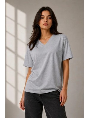 Pomeya  V Yaka Basic Tişört Kısa Kol Yazlık Regular Fit T-Shirt - Gri