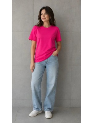 Pomeya  Basic Pamuklu Tişört Bisiklet Yaka Düz Renk Relaxed Fit T-Shirt - Fuşya