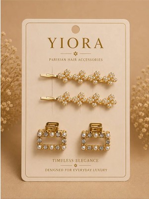 Yiora 4lü Premium Seri Metal Gold/altın Inci ve Taş Detaylı Toka Seti (2 Adet Tel Toka 7cm & 2 Adet Mandal Toka 2,5 Cm)