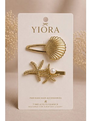 Yiora Premium Seri 2li Kadın Yan Toka Deniz Kabuğu Inci Detaylı Parlak Altın/gold Renk Yan Toka 6-7 cm