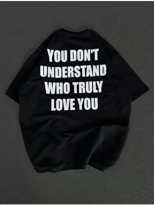 Pomeya  Unisex Bisiklet Yaka Baskılı Oversize T-Shirt - Siyah