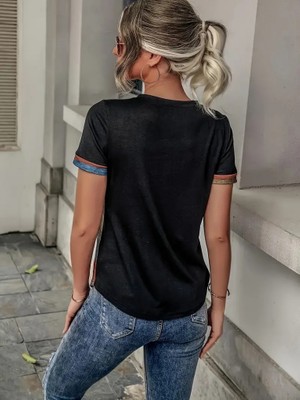 Pomeya  Kadın Kısa Kollu V Yakalı Düğmeli Çok Renkli Süprem Bluz