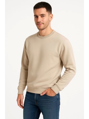 Pomeya  Erkek Üç Iplik Düz Bisiklet Yaka Sweatshirt - Bej