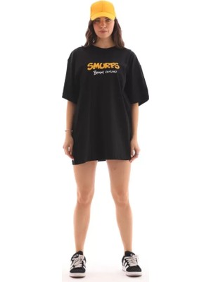 Pomeya  Unisex Bisiklet Yaka Baskılı Oversize T-Shirt - Siyah