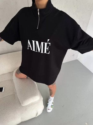 Pomeya  Unisex Yarım Fermuarlı Baskılı T-Shirt - Siyah