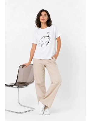 Pomeya  Köpek Figürlü Minimal Baskılı Tişört Kısa Kol Yazlık T-Shirt - Beyaz