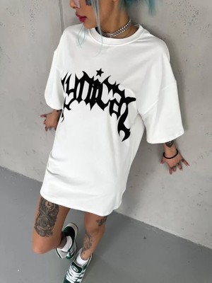 Pomeya  Unisex Bisiklet Yaka Baskılı Oversize T-Shirt - Beyaz
