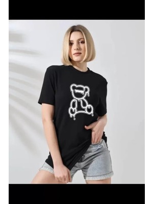 Pomeya  Unisex Bisiklet Yaka Baskılı T-Shirt - Siyah