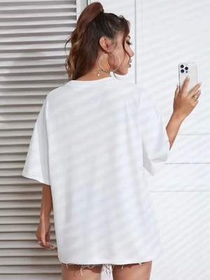 Pomeya  New York Baskılı Oversize Bisiklet Yaka T-Shirt - Beyaz