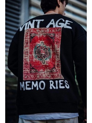 Pomeya  Oversize Bisiklet Yaka Üç Iplik Baskılı Sweatshirt - Siyah