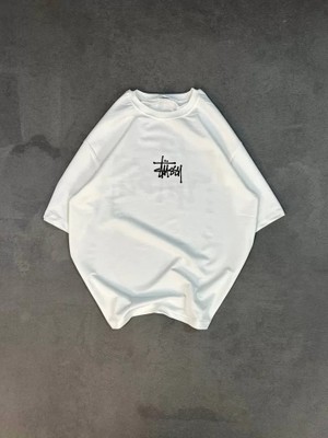 Pomeya  Unisex Bisiklet Yaka Baskılı Oversize T-Shirt - Beyaz