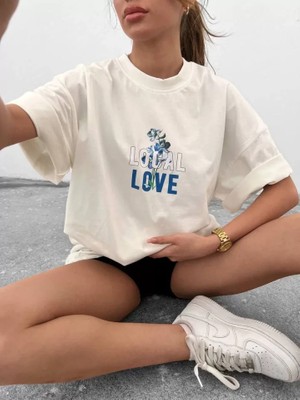 Pomeya  Unisex Bisiklet Yaka Baskılı Oversize T-Shirt - Beyaz