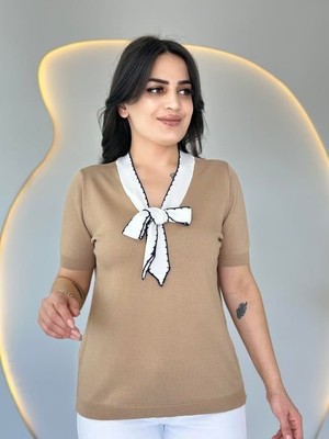 Pomeya  Kadın Kısa Kollu V Yaka Fular Detay Merserize Triko Bbluz