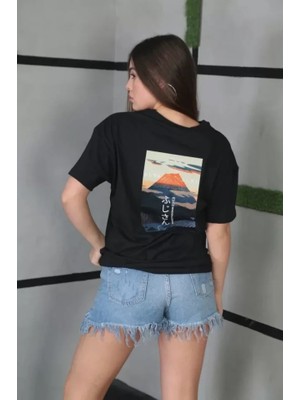 Pomeya  Unisex Bisiklet Yaka Baskılı Oversize T-Shirt - Siyah