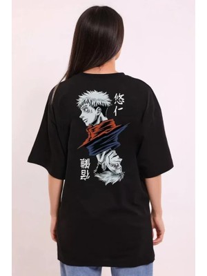 Pomeya  Unisex Bisiklet Yaka Baskılı Oversize T-Shirt - Siyah