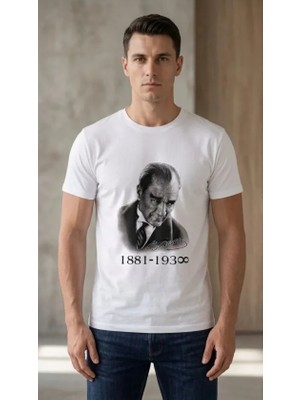 Pomeya  Erkek Atatürk Baskılı Tişört Kısa Kollu Bisiklet Yaka  T-Shirt - Beyaz