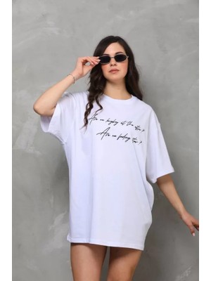 Pomeya  Unisex Bisiklet Yaka Baskılı Oversize T-Shirt - Beyaz