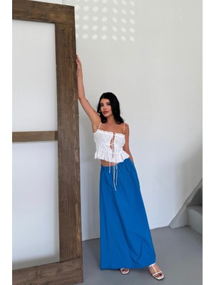 Pomeya  Etek Şanel Boy Soft Kumaş - Saks