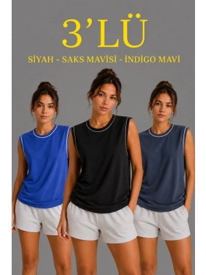 Pomeya  3’lü Kolsuz Sporcu Atlet Seti Yazlık Bisiklet Yaka - Siyah, Saks Mavisi, Indigo