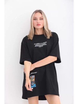 Pomeya  Unisex Bisiklet Yaka Baskılı Oversize T-Shirt - Siyah