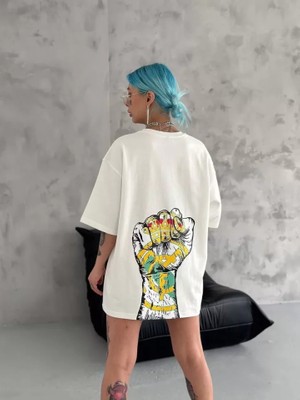 Pomeya  Unisex Bisiklet Yaka Baskılı Oversize T-Shirt - Beyaz