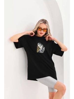 Pomeya  Unisex Baskılı Oversize T-Shirt - Siyah