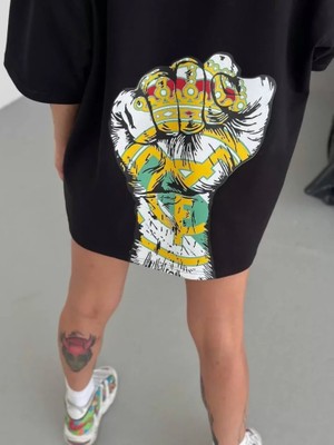 Pomeya  Unisex Bisiklet Yaka Baskılı Oversize T-Shirt - Siyah
