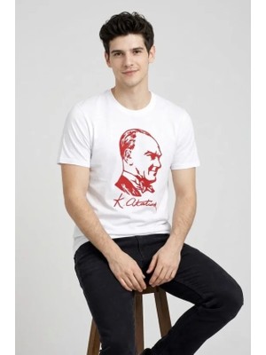 Pomeya  Erkek Atatürk Baskılı Tişört Kısa Kollu Bisiklet Yaka T-Shirt - Beyaz