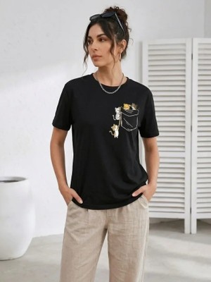 Pomeya  Sevimli Kedi Cep Baskılı Tişört Kısa Kol Yazlık T-Shirt - Siyah