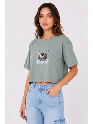 Pomeya  Kedi Baskılı Oversize Crop Tişört Salaş Basic Yarım Kol T-Shirt - Mint Yeşili