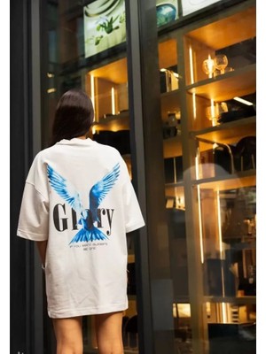 Pomeya  Unisex Bisiklet Yaka Baskılı Oversize T-Shirt - Beyaz