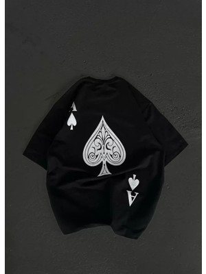 Pomeya  Unisex Bisiklet Yaka Baskılı Oversize T-Shirt - Siyah
