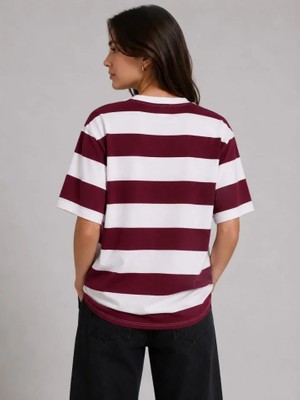 Pomeya  Çizgili Oversize Tişört Bisiklet Yaka Kısa Kol Yazlık T-Shirt - Bordo