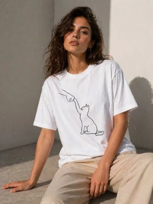 Pomeya  Minimal Kedi Çizim Baskılı Tişört Kısa Kol Yazlık T-Shirt - Beyaz