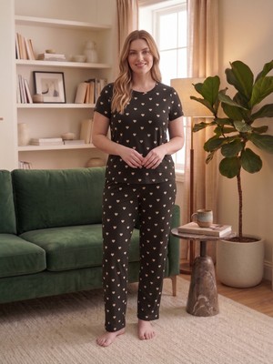 Sleeproom Büyük Beden Bisiklet Yaka Büyük Kalp Desen Kısa Kollu Pijama Takımı