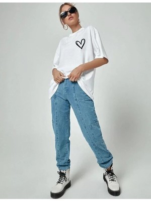 Pomeya  Unisex Baskılı Oversize T-Shirt - Beyaz