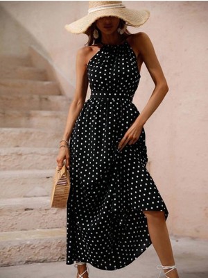 Pomeya  Kadın Omuzlardan Açık Boyundan Bağlamalı Puantiyeli Uzun Örme Krep Elbise
