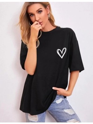 Pomeya  Bisiklet Yaka Baskılı Oversize T-Shirt - Siyah